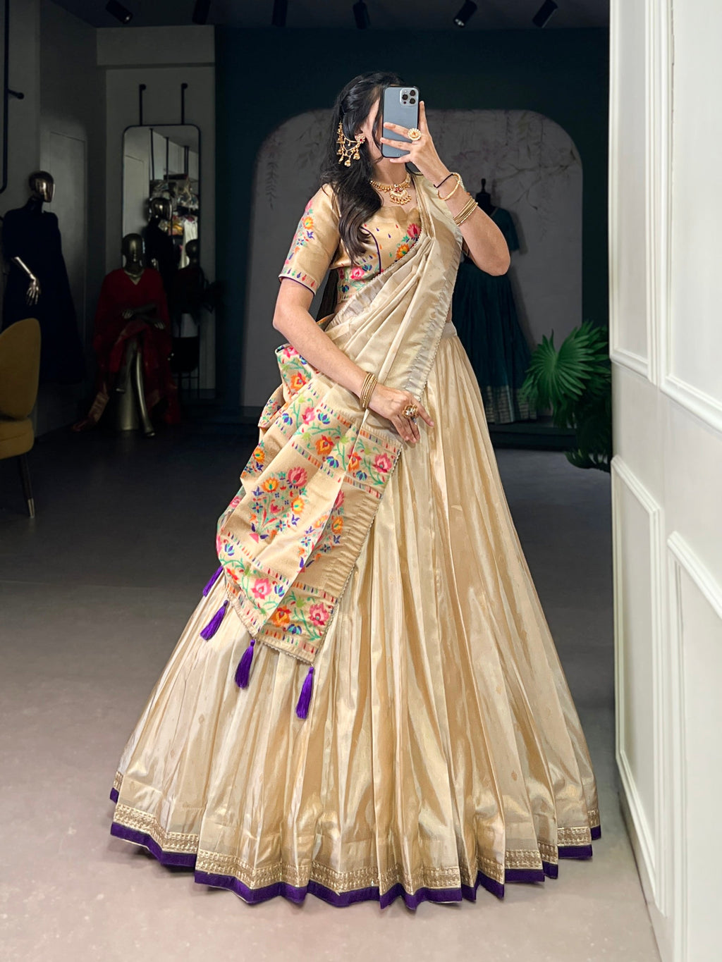 Lorenvalley Fashion Cream Shimmer Paithani Zari Weaving Work Lehenga Choli with Dupatta