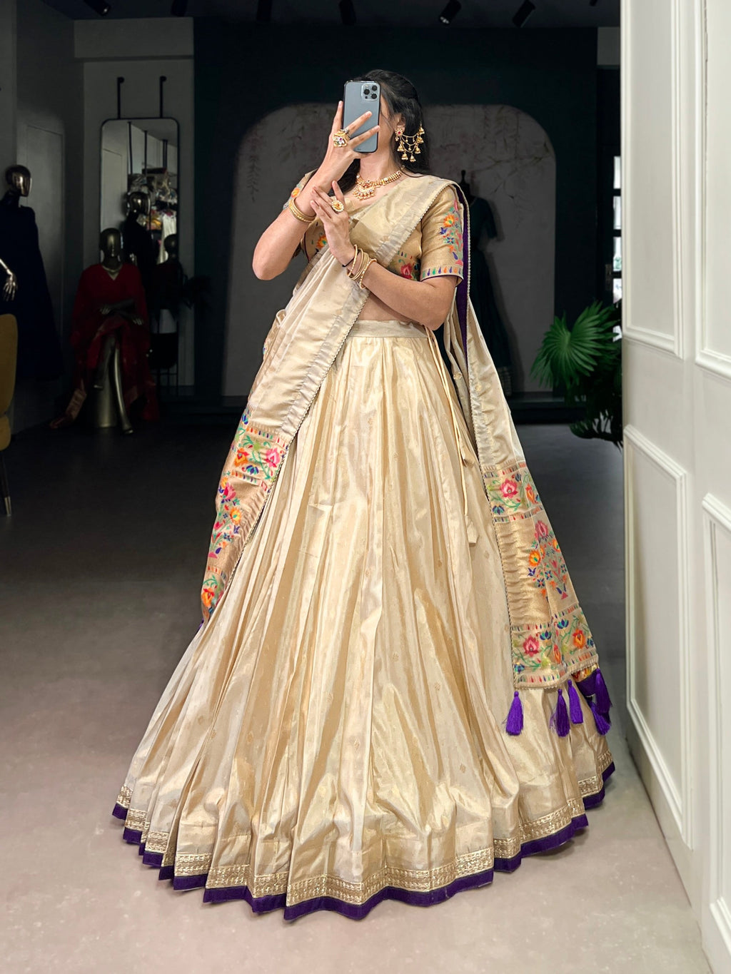 Lorenvalley Fashion Cream Shimmer Paithani Zari Weaving Work Lehenga Choli with Dupatta