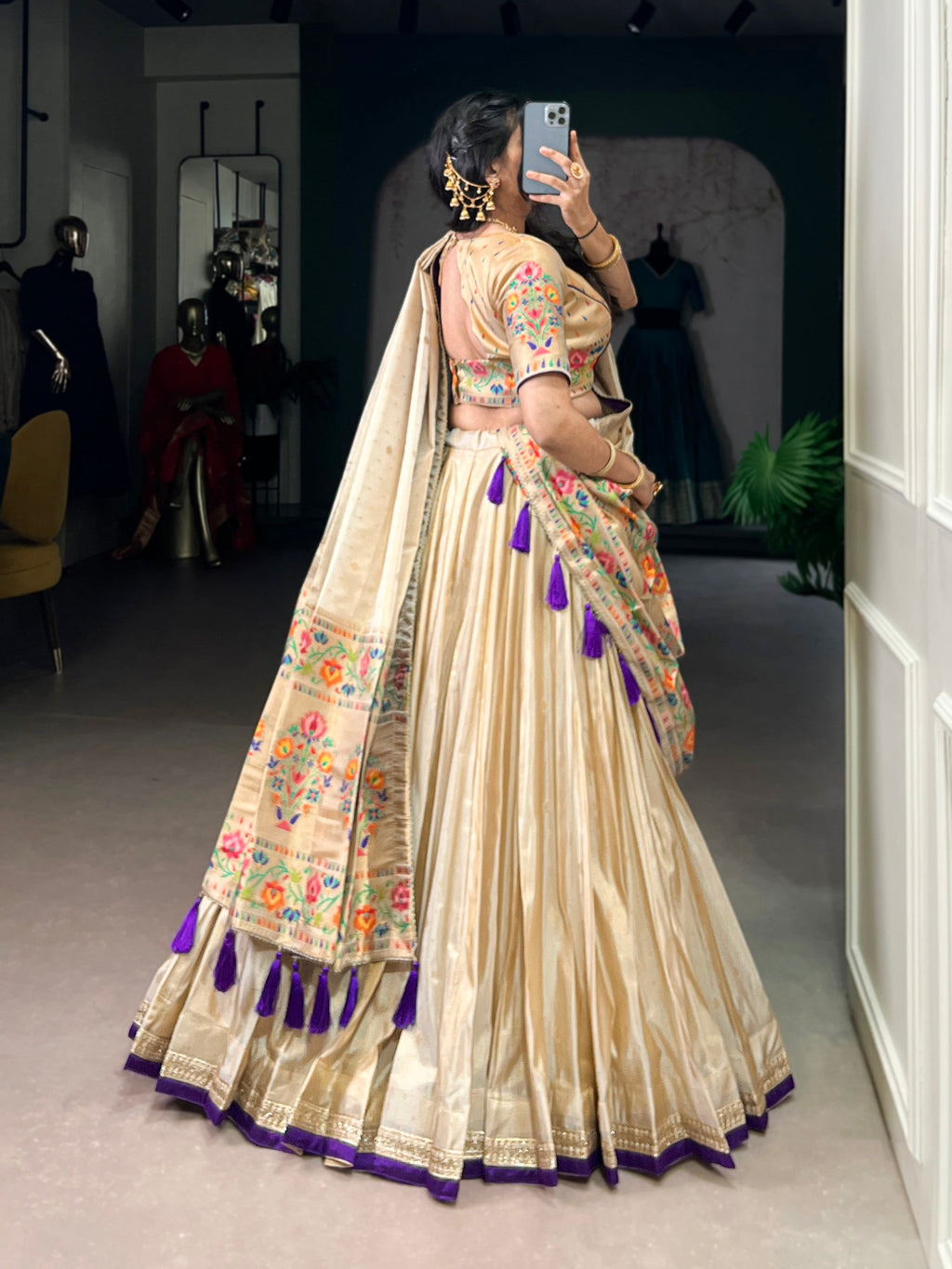 Lorenvalley Fashion Cream Shimmer Paithani Zari Weaving Work Lehenga Choli with Dupatta