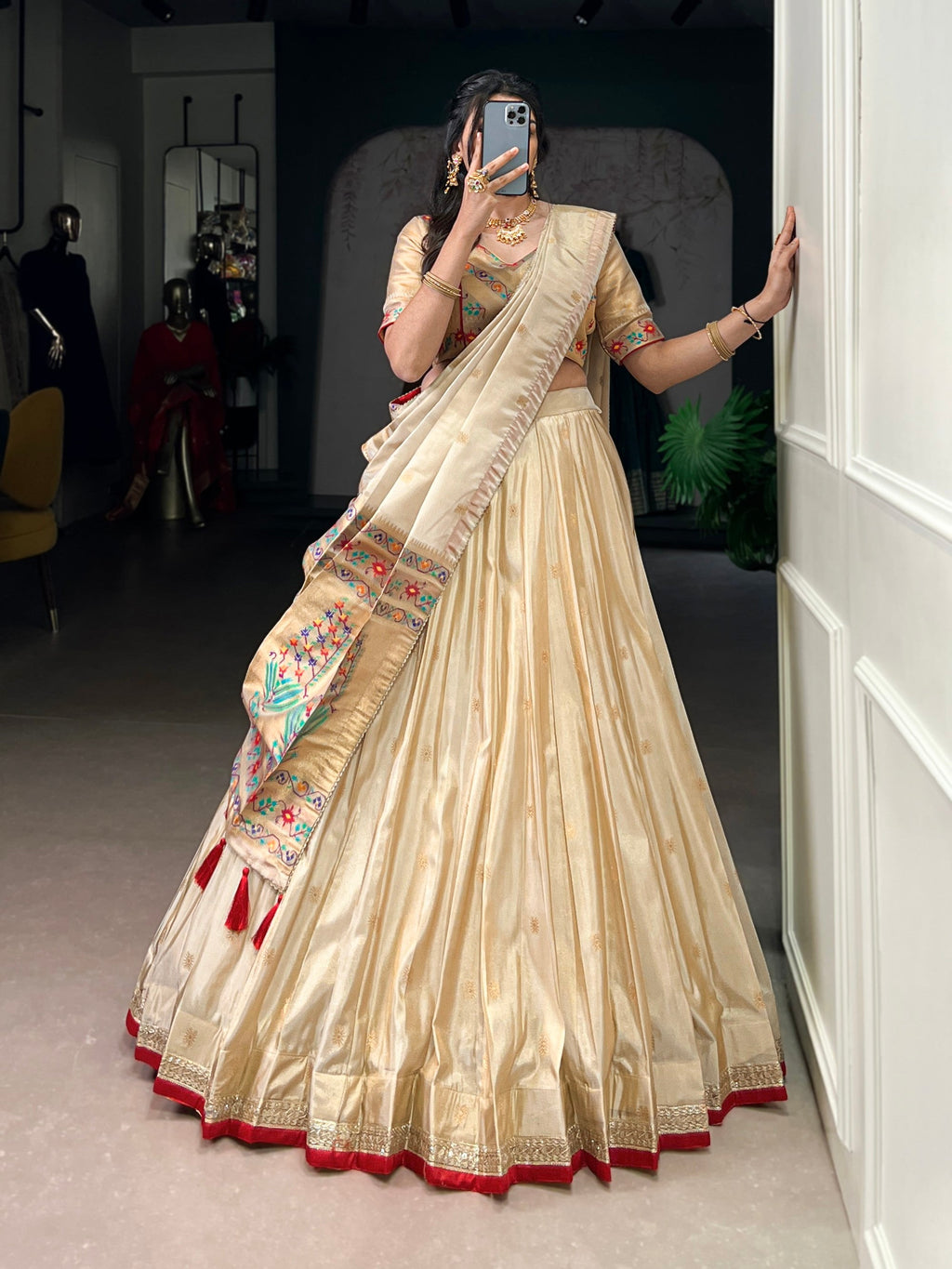 Lorenvalley Fashion Cream Shimmer Paithani Zari Weaving Work Lehenga Choli with Dupatta