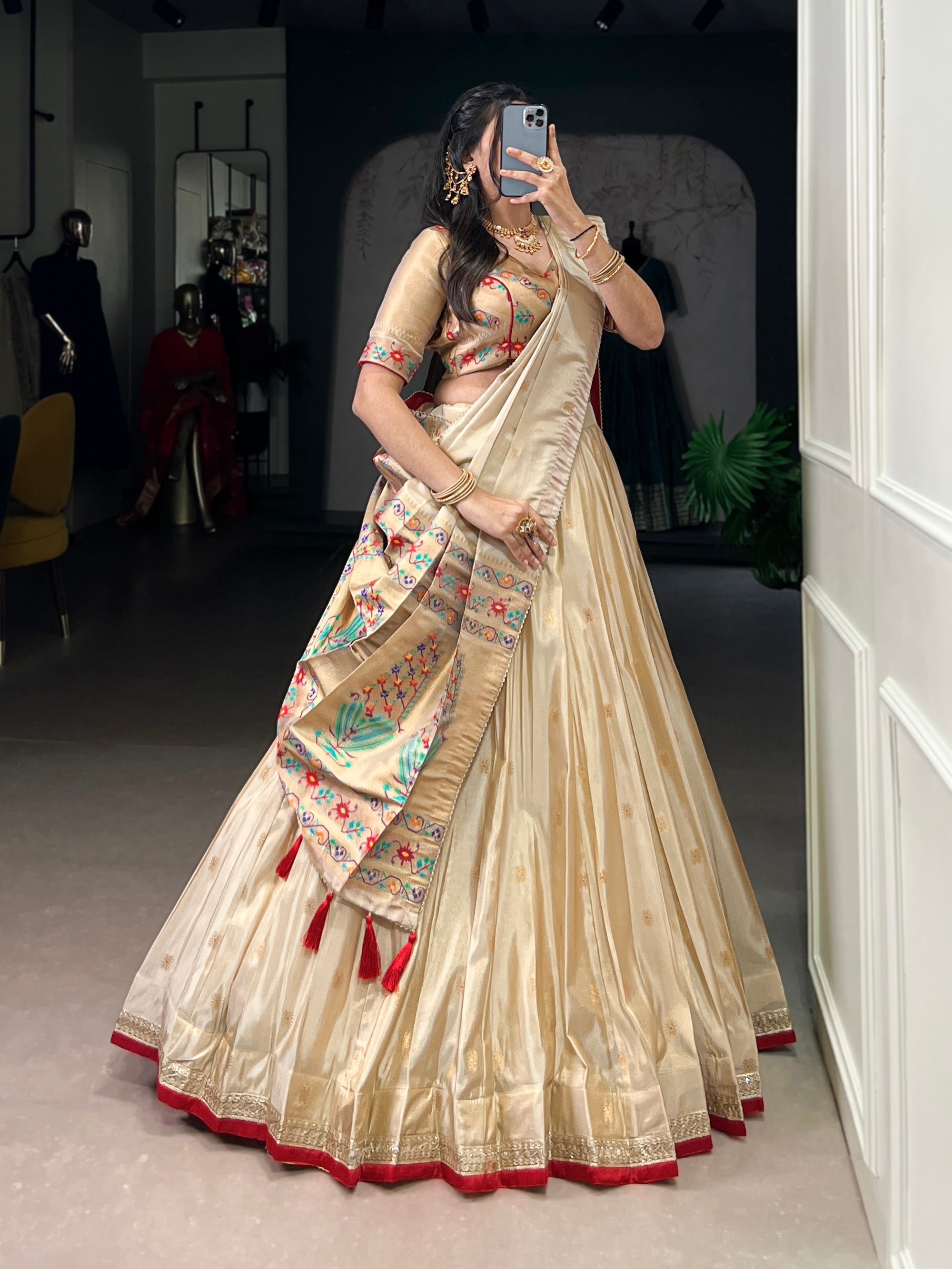 Lorenvalley Fashion Cream Shimmer Paithani Zari Weaving Work Lehenga Choli with Dupatta