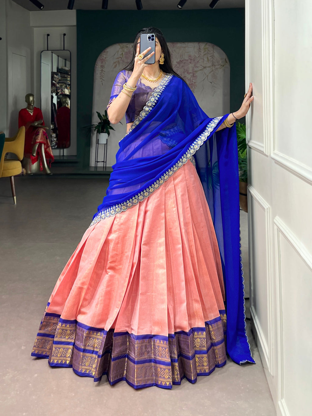 Peach Kanchipuram Zari Weaving Work Lehenga Choli with Dupatta