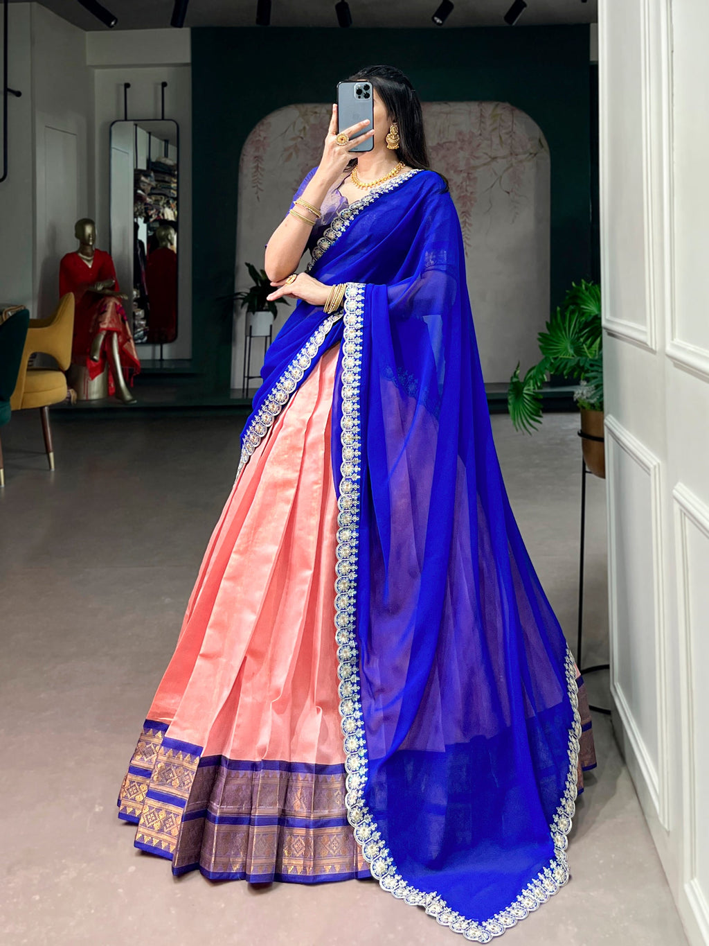 Peach Kanchipuram Zari Weaving Work Lehenga Choli with Dupatta