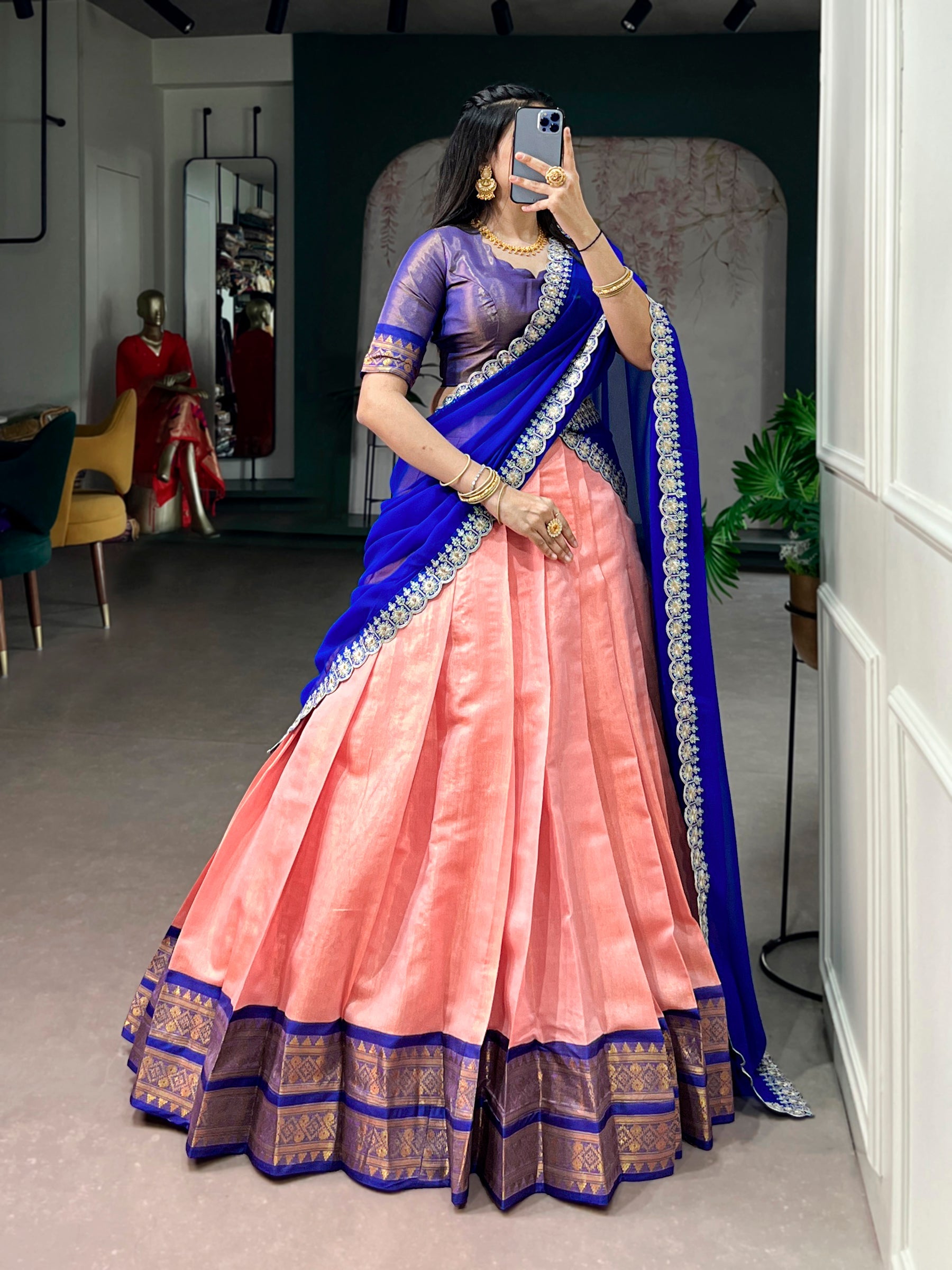 Peach Kanchipuram Zari Weaving Work Lehenga Choli with Dupatta