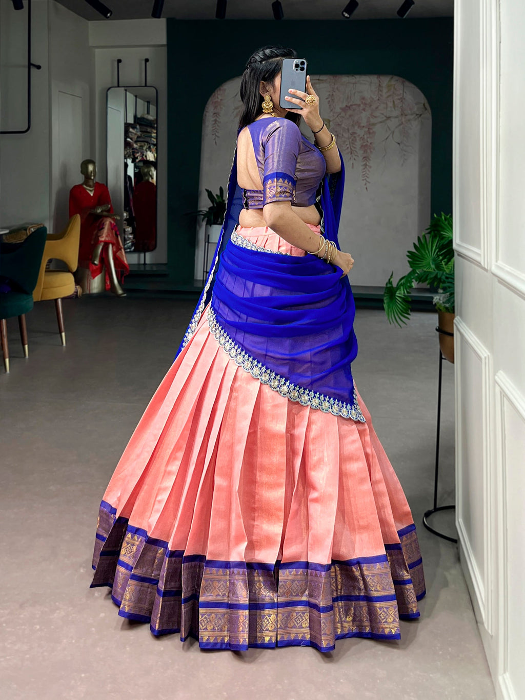 Peach Kanchipuram Zari Weaving Work Lehenga Choli with Dupatta