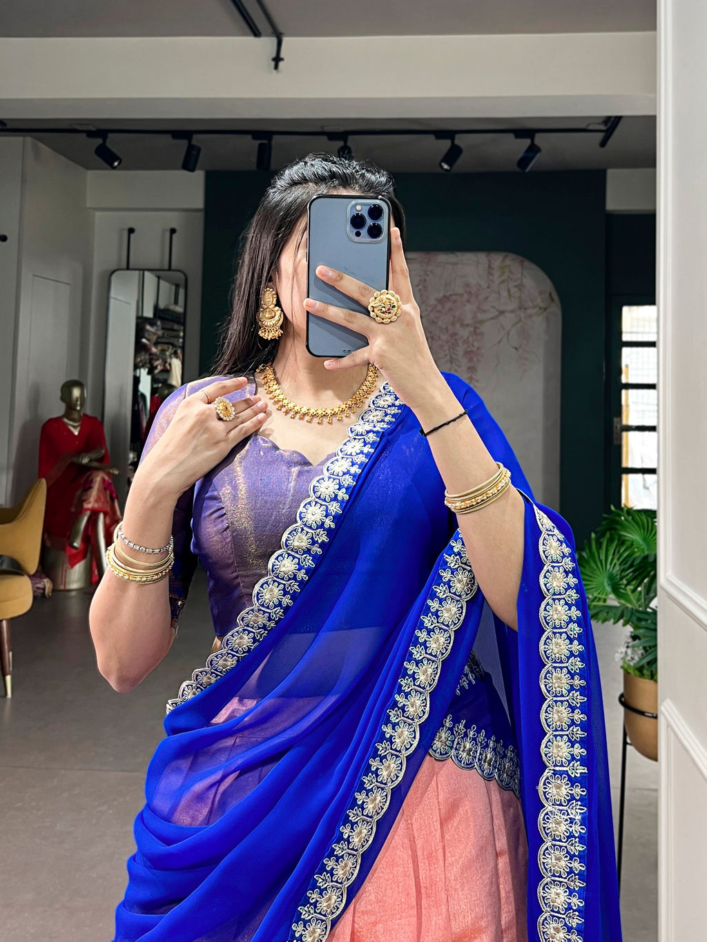 Peach Kanchipuram Zari Weaving Work Lehenga Choli with Dupatta