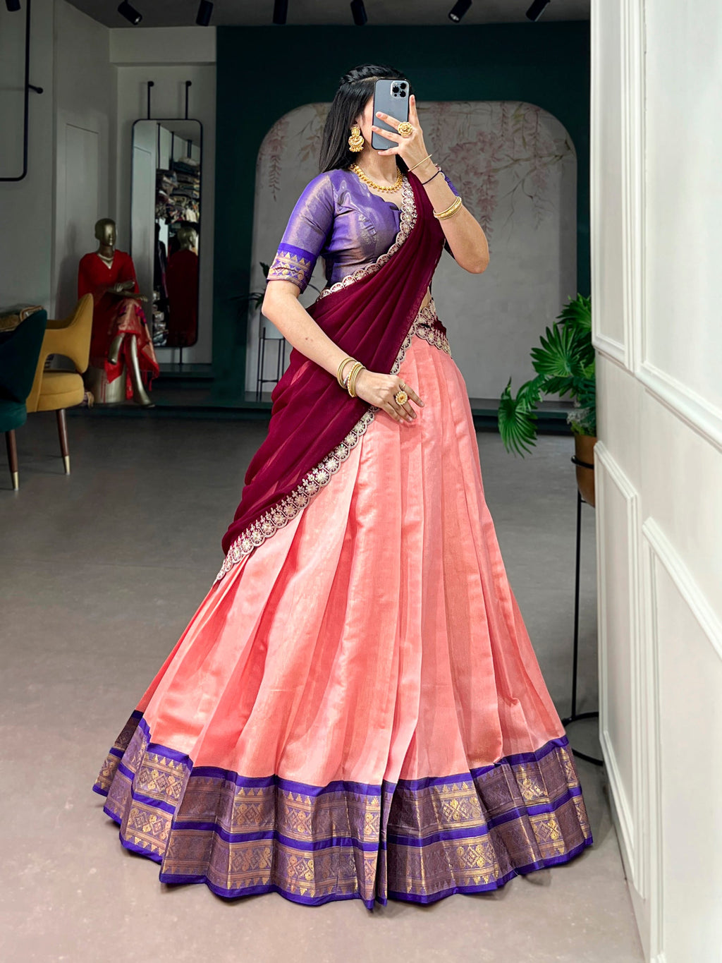 Peach Kanchipuram Zari Weaving Work Lehenga Choli Set