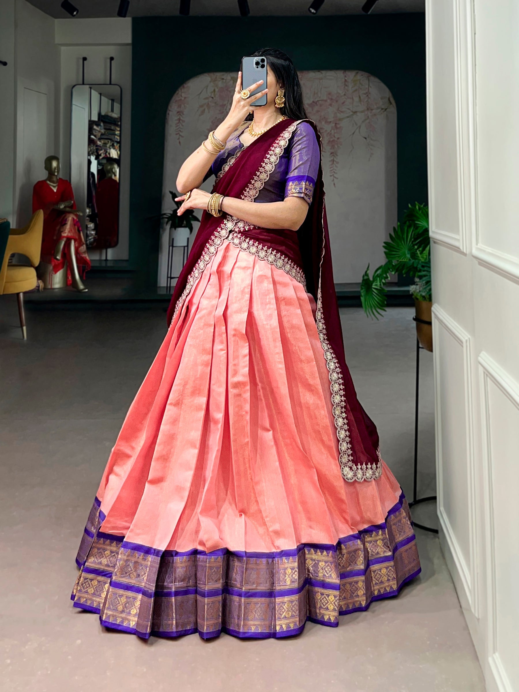 Peach Kanchipuram Zari Weaving Work Lehenga Choli Set