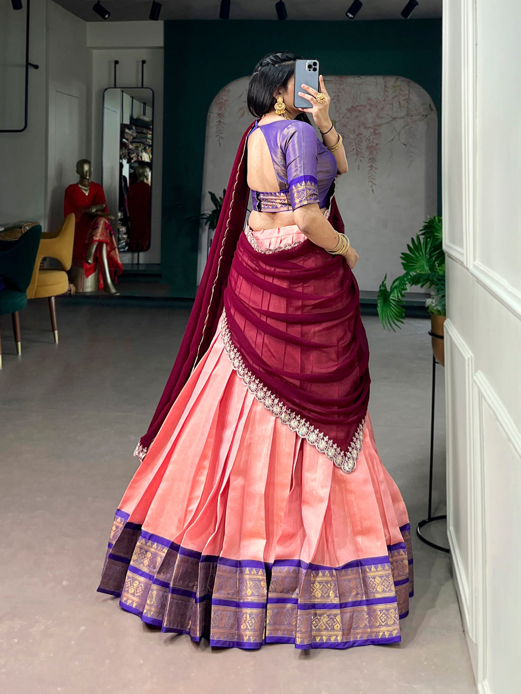 Peach Kanchipuram Zari Weaving Work Lehenga Choli Set