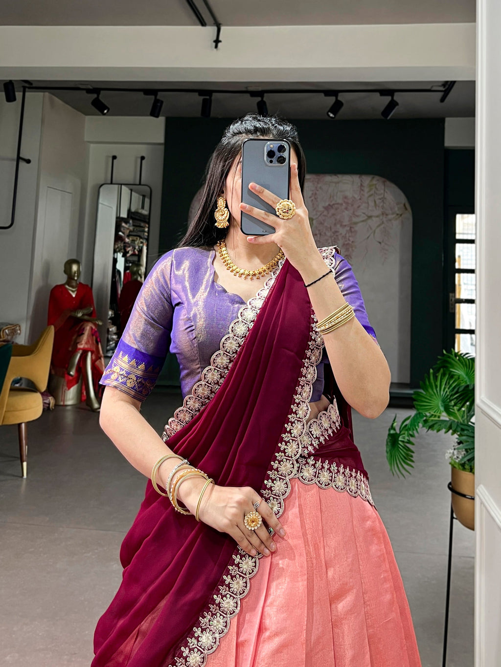 Peach Kanchipuram Zari Weaving Work Lehenga Choli Set