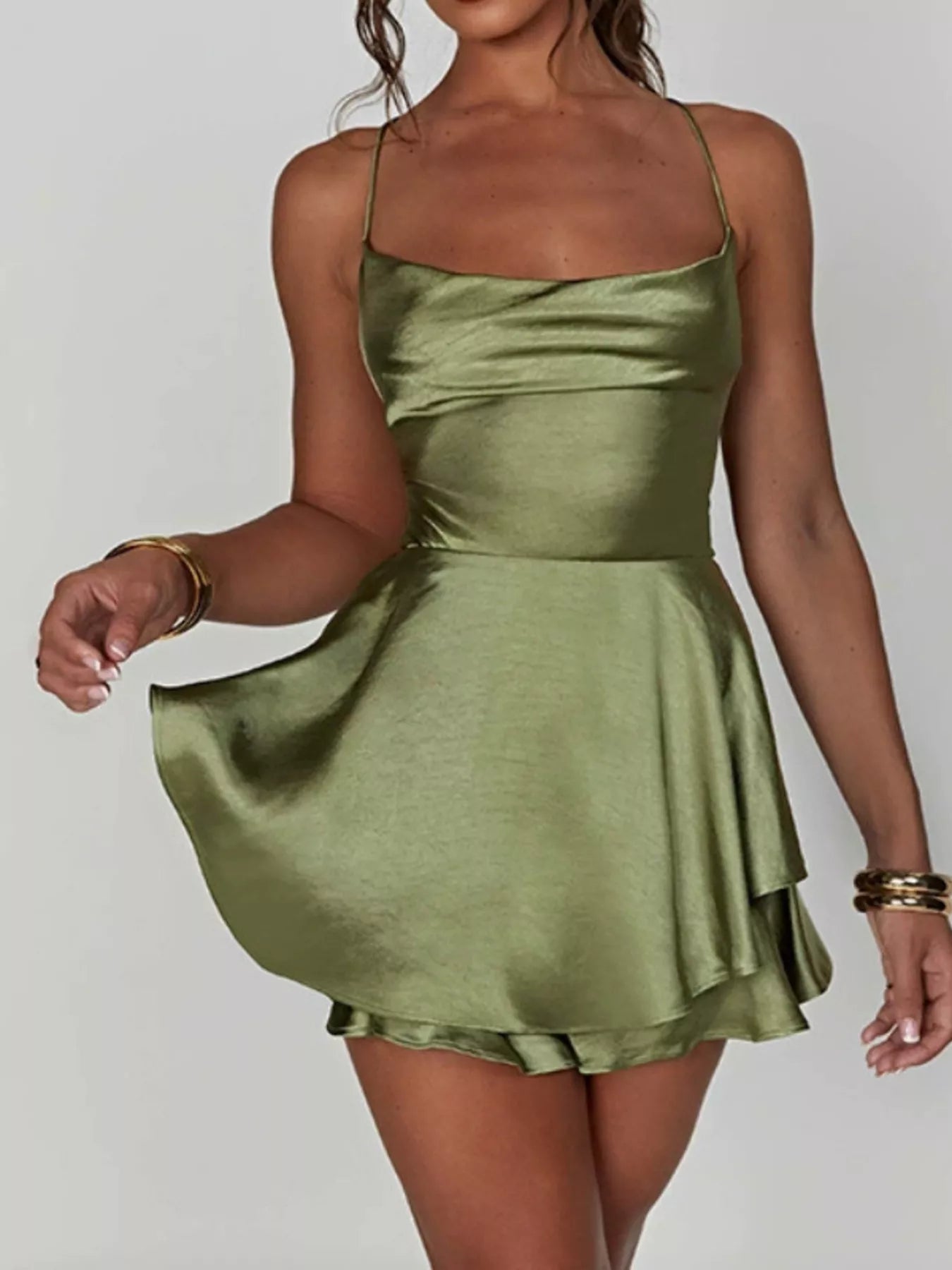 Backless Layered Ruffled Cami Mini Dress - Olive Green
