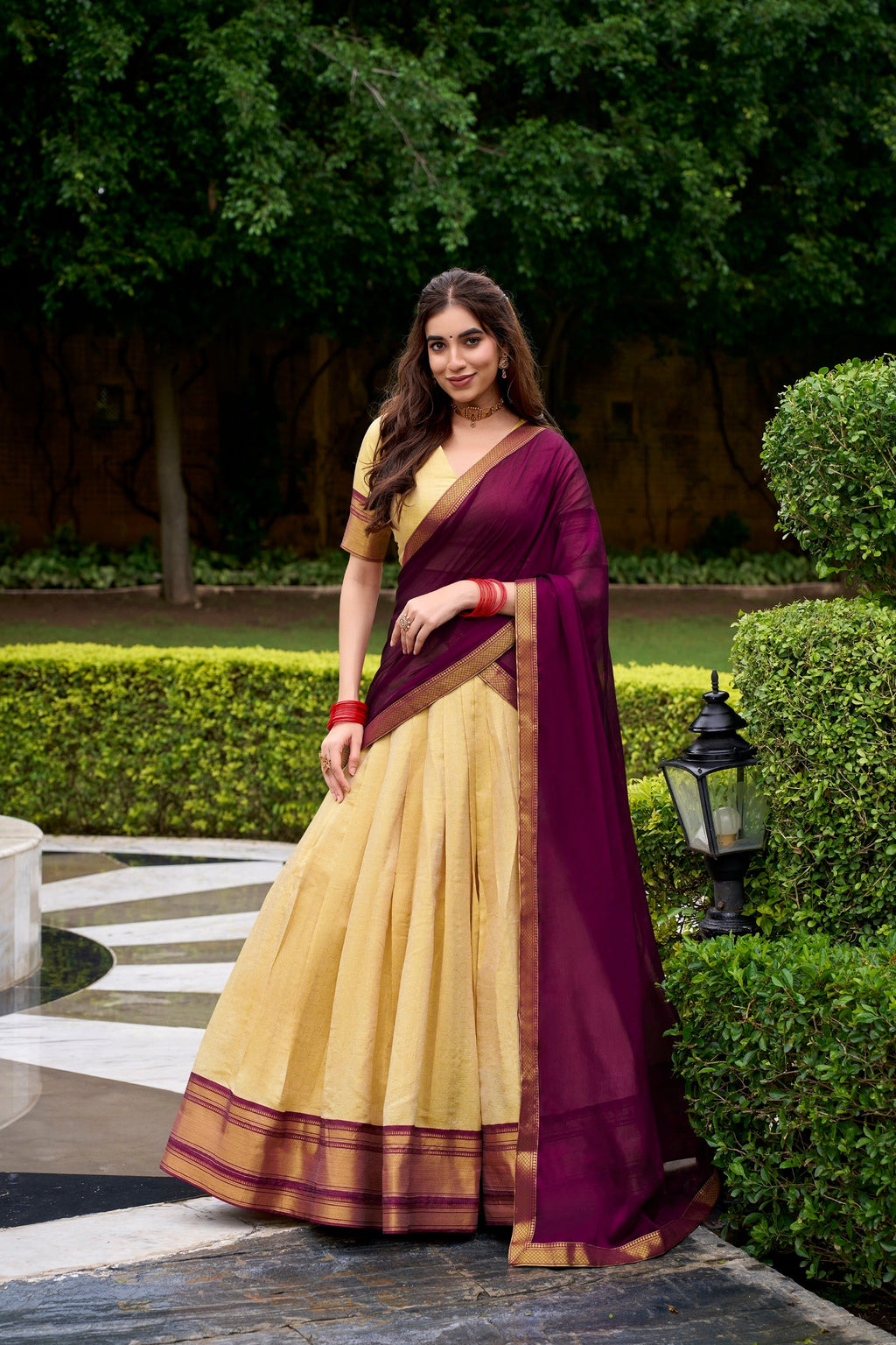 Lorenvalley Fashion Cream Kanchipuram Zari Weaving Work Lehenga Choli with Dupatta
