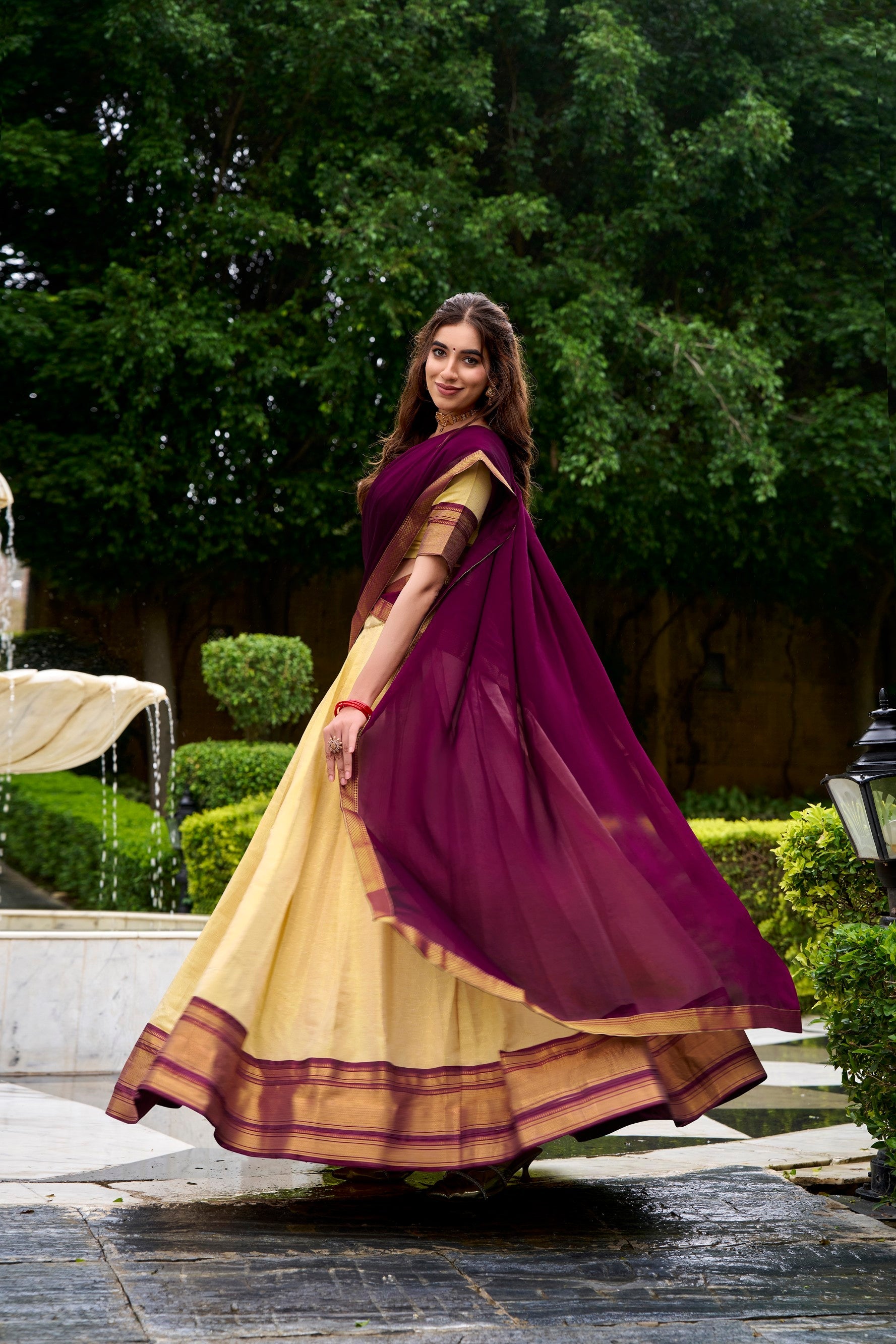 Lorenvalley Fashion Cream Kanchipuram Zari Weaving Work Lehenga Choli with Dupatta