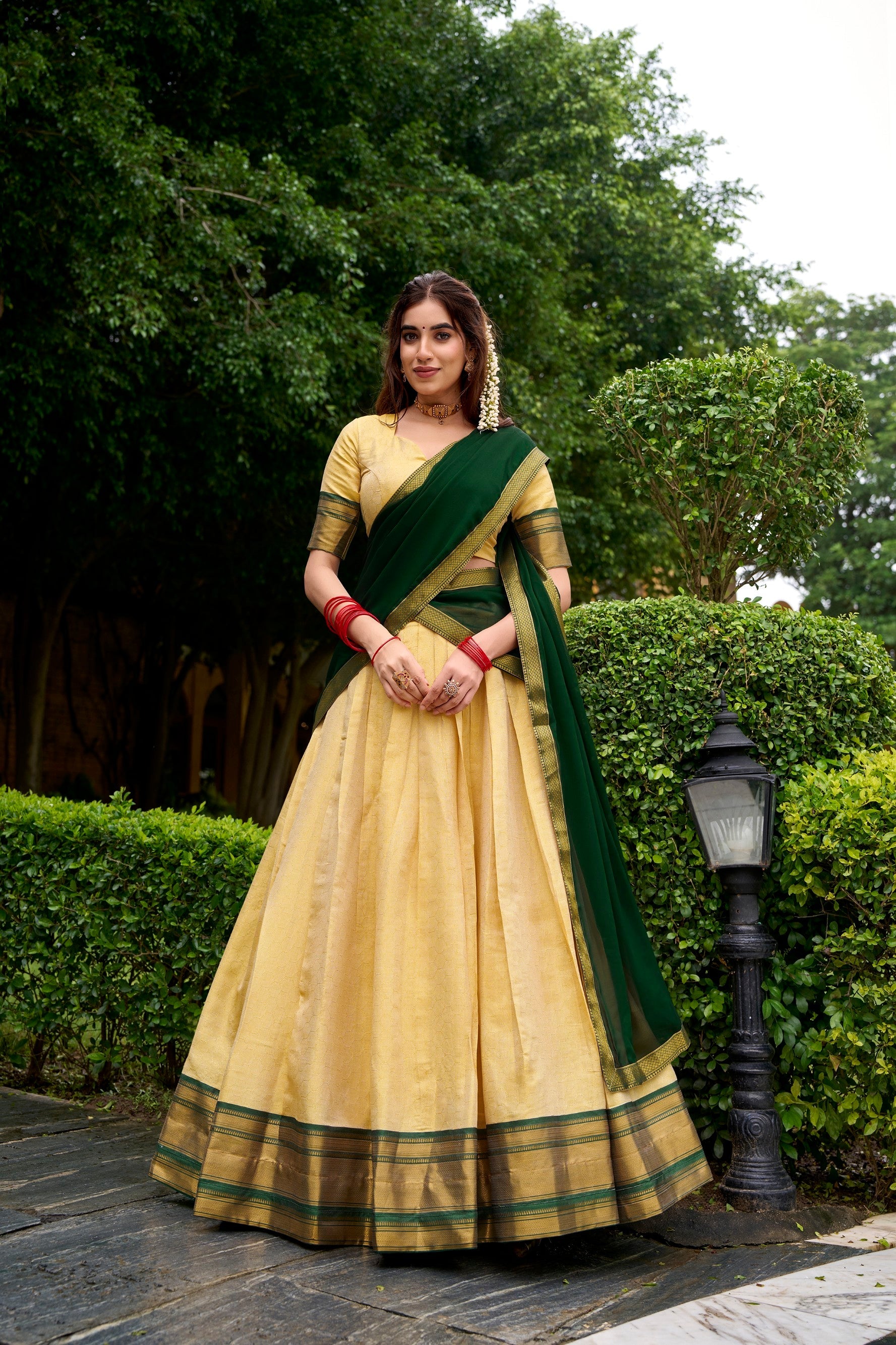 Cream Kanchipuram Zari Weaving Work Lehenga Choli Set