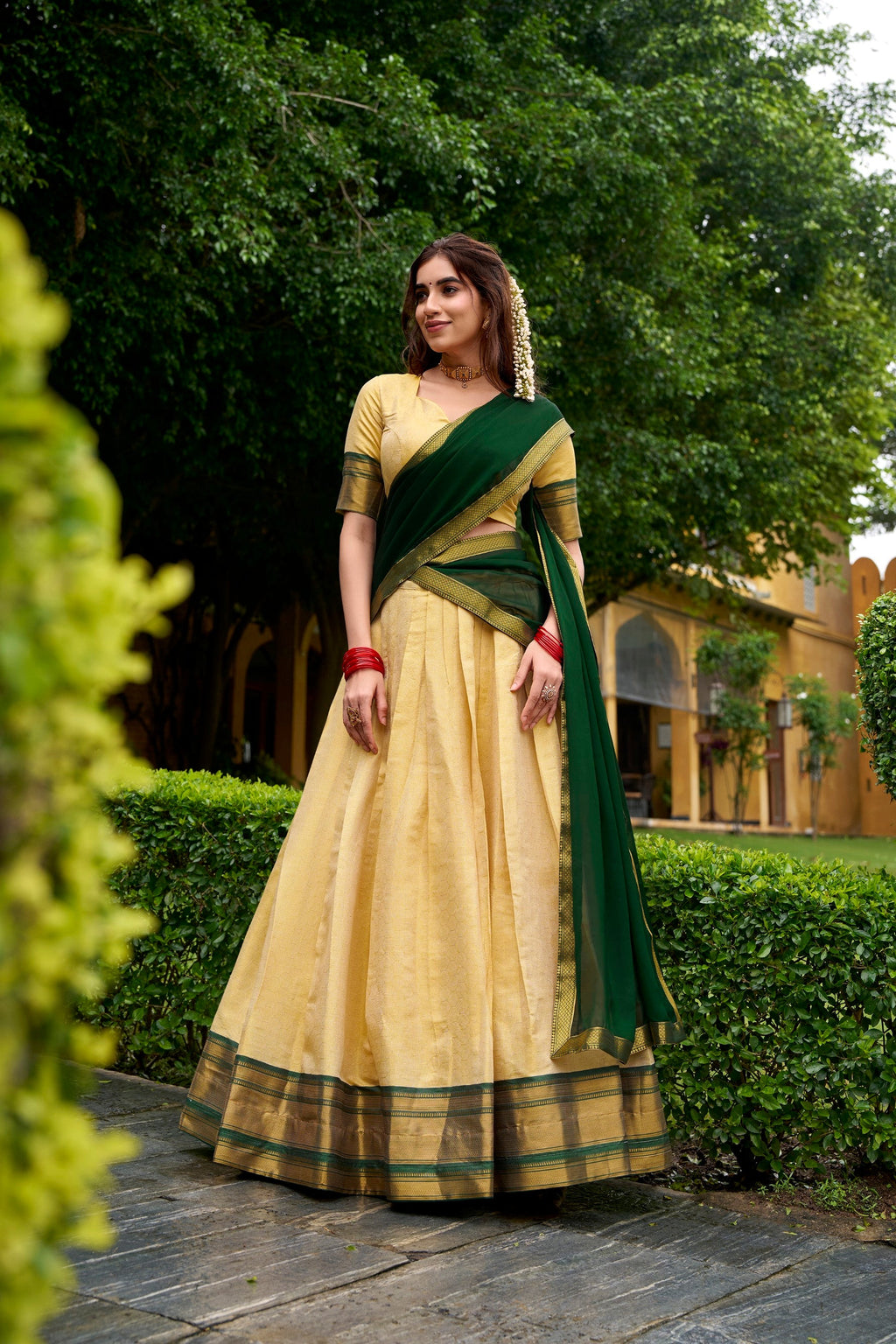 Cream Kanchipuram Zari Weaving Work Lehenga Choli Set