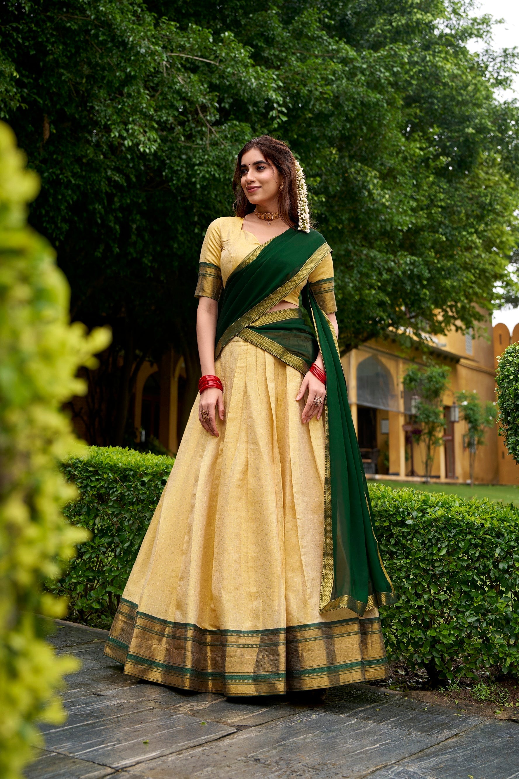 Cream Kanchipuram Zari Weaving Work Lehenga Choli Set