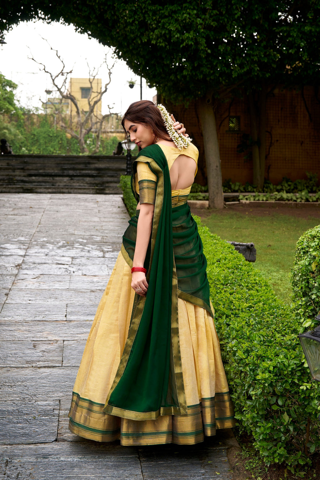 Cream Kanchipuram Zari Weaving Work Lehenga Choli Set