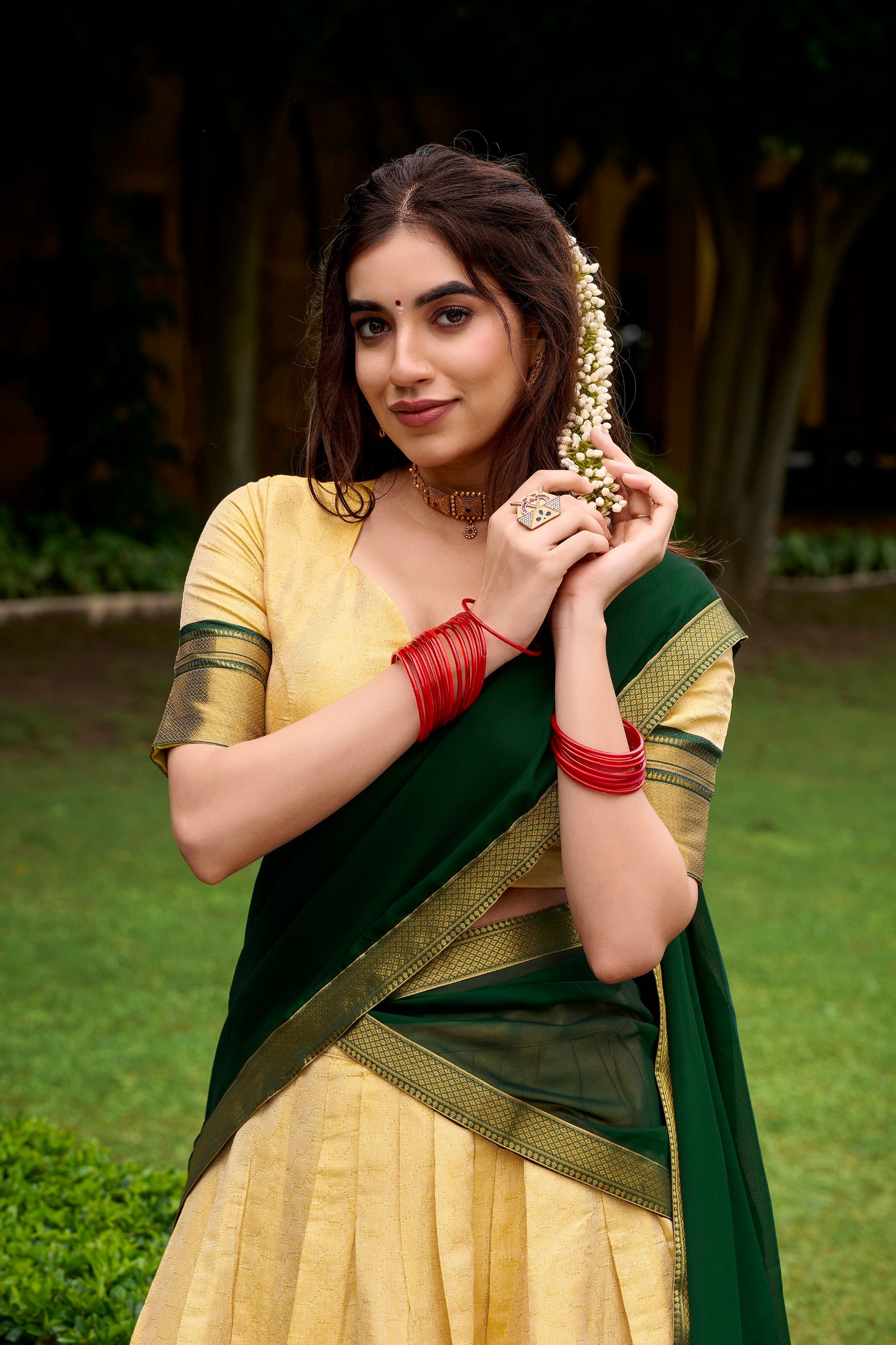 Cream Kanchipuram Zari Weaving Work Lehenga Choli Set