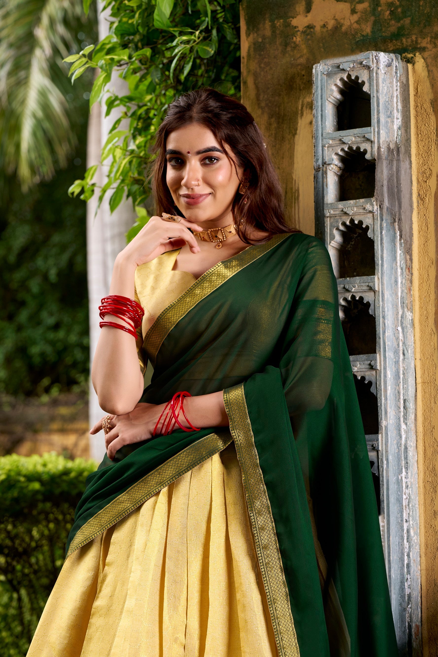 Cream Kanchipuram Zari Weaving Work Lehenga Choli Set