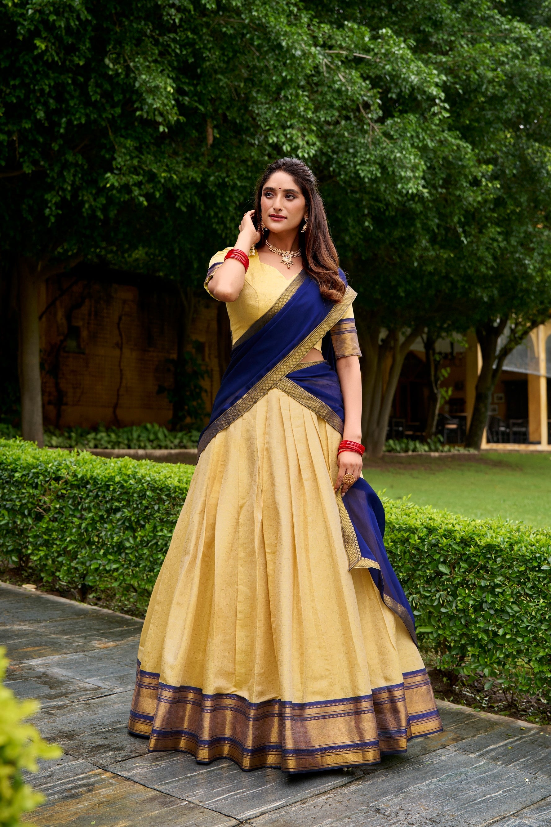 Cream Kanchipuram Lehenga Choli Set with Zari Weaving
