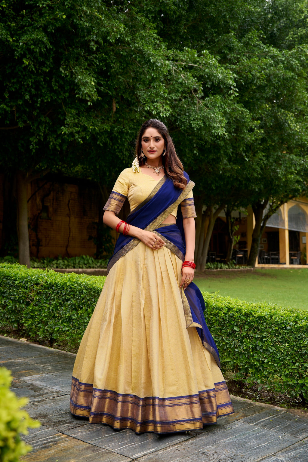 Cream Kanchipuram Lehenga Choli Set with Zari Weaving