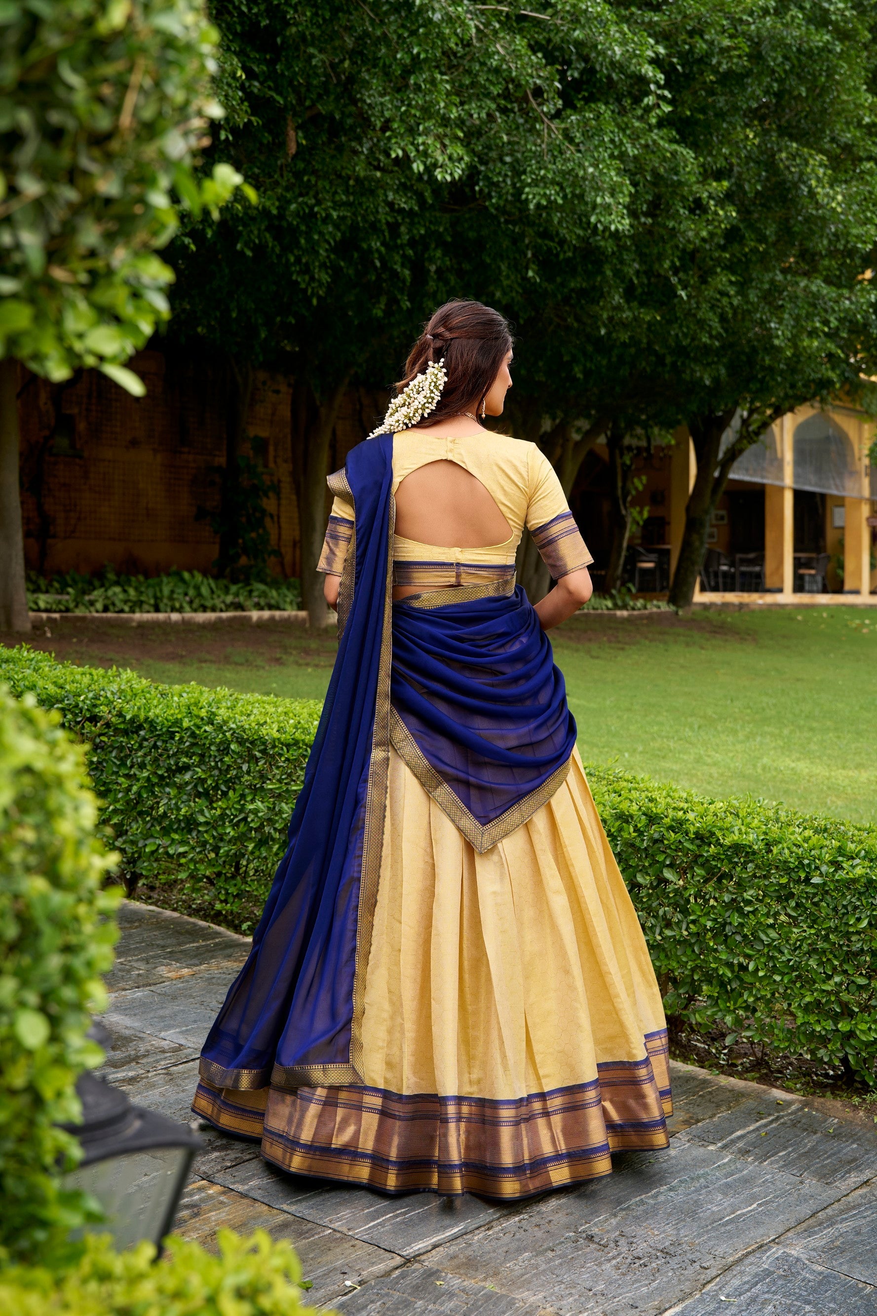 Cream Kanchipuram Lehenga Choli Set with Zari Weaving