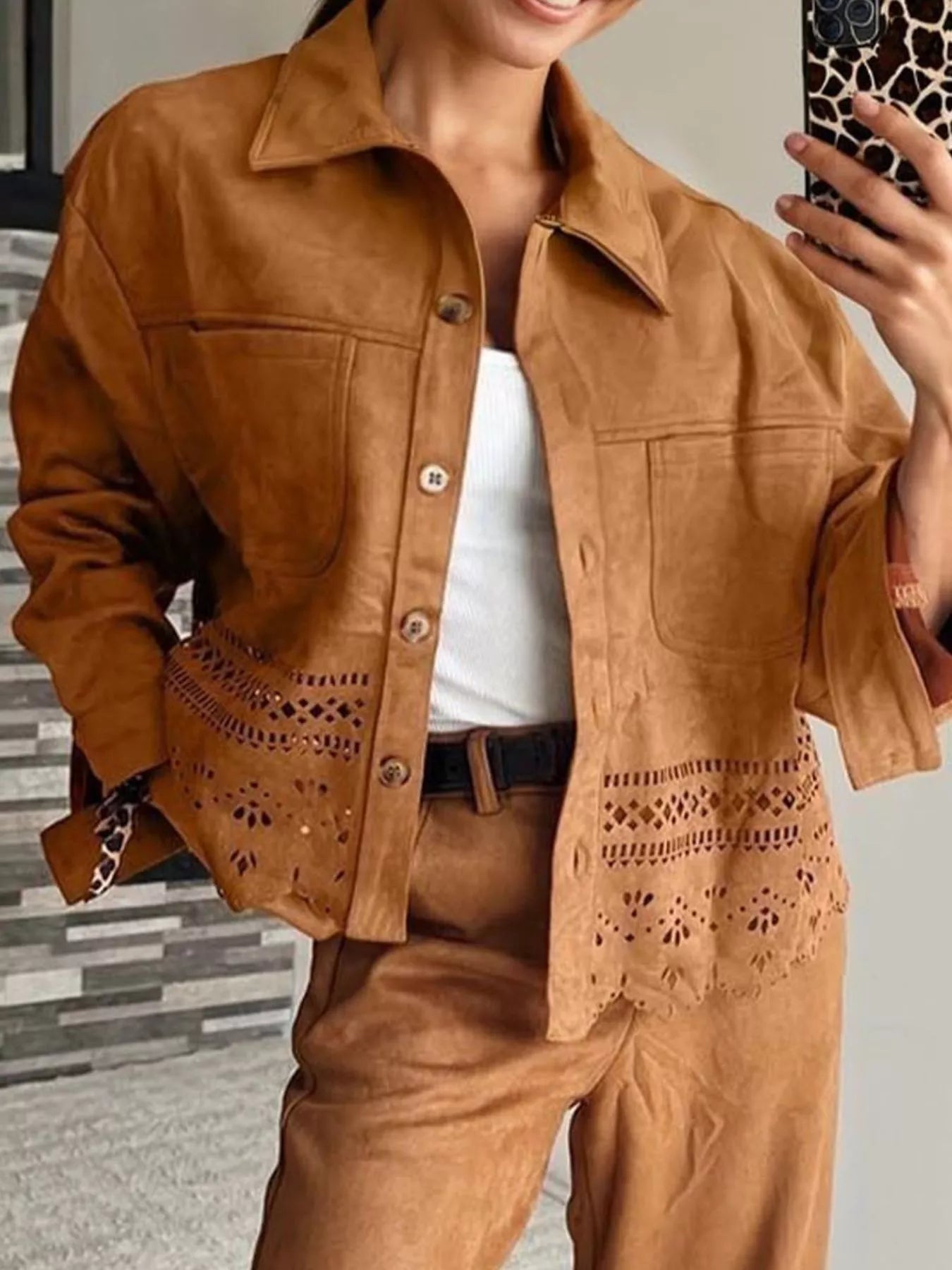 Solid Color Faux Suede Hollowed Detail Retro Style Jacket
