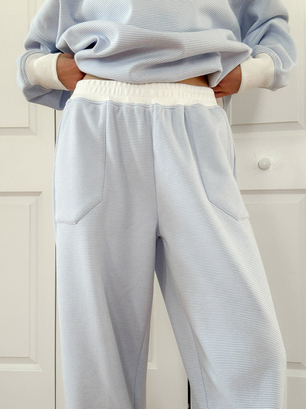 Blue and White Mini Striped Unisex Sweatpants Lounge Bottoms