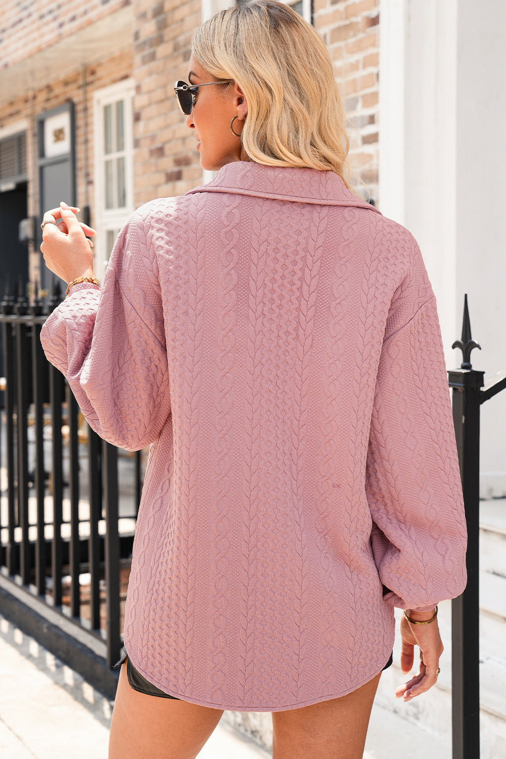 Sepia Rose Cable Texture Puff Sleeve Shacket | Loose Fit