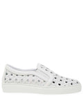 A pair of white leather woven slip-on sneakers viewed from the side and top angle against a clean background.