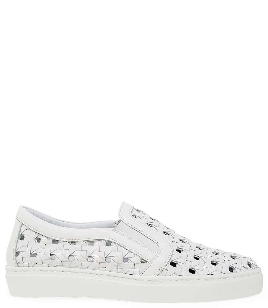 A pair of white leather woven slip-on sneakers viewed from the side and top angle against a clean background.