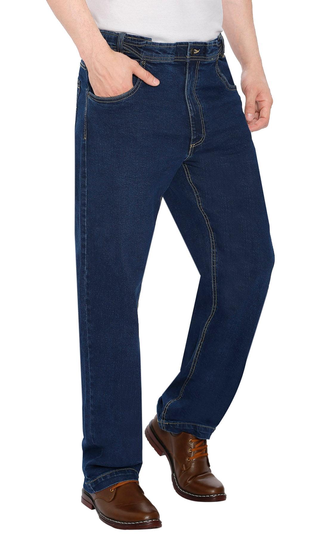 Men wearing classic dark blue denim jeans with a hidden stretch waistband and 5-pocket styling