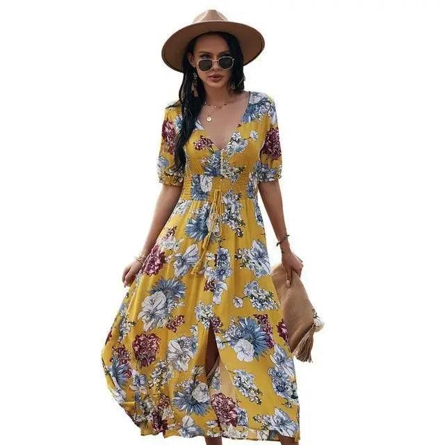 Women’s Floral Print Short Sleeve Maxi Split Party Dress