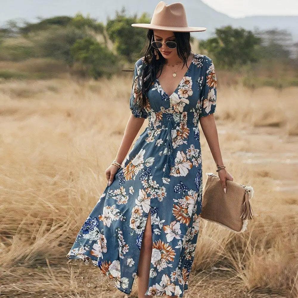 Bohemian floral print maxi dress with side split detail