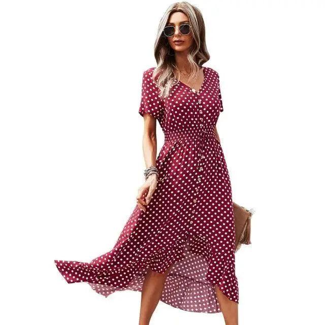 Women’s Boho Polka Dot Short Sleeve Vintage Midi Beach Dress