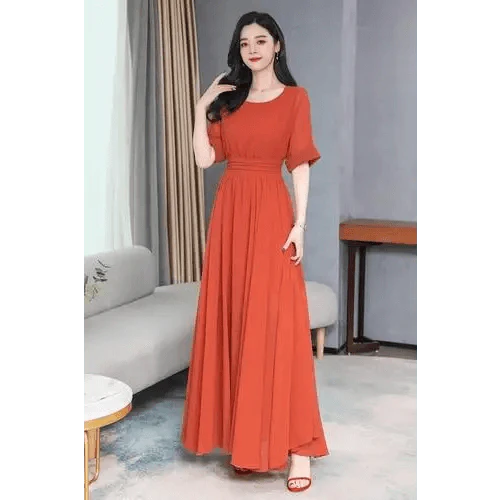 Luxury Chiffon Half-Sleeve Dress - Elegant Solid Color Midi