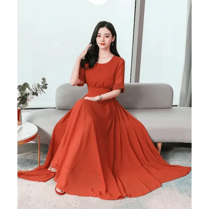 Elegant chiffon half-sleeve dress in solid colors available in red, yellow, and beige