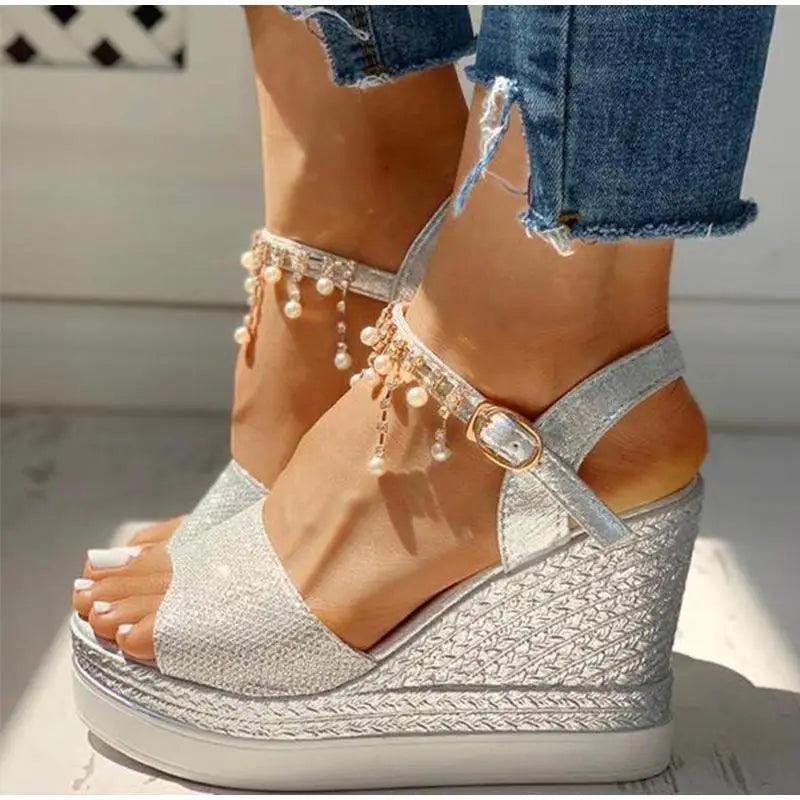 Women’s Studded Summer Sandals – Glamorous Silver & White Slides