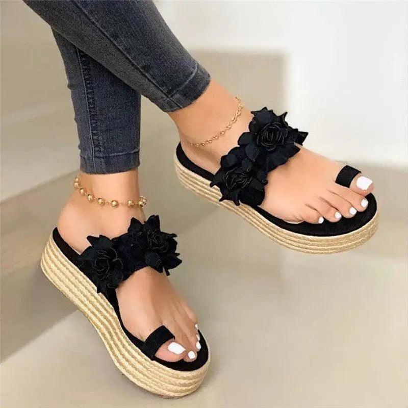 Women wearing stylish comfortable platform wedge sandals in a casual outdoor setting
