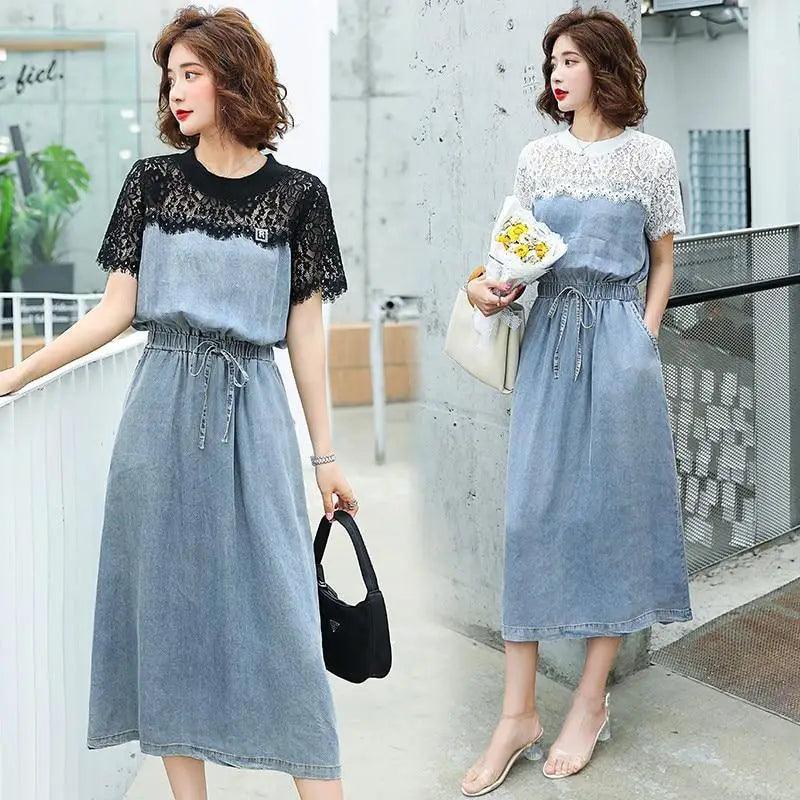 Modern short sleeve denim dress for women in blue, white, and black