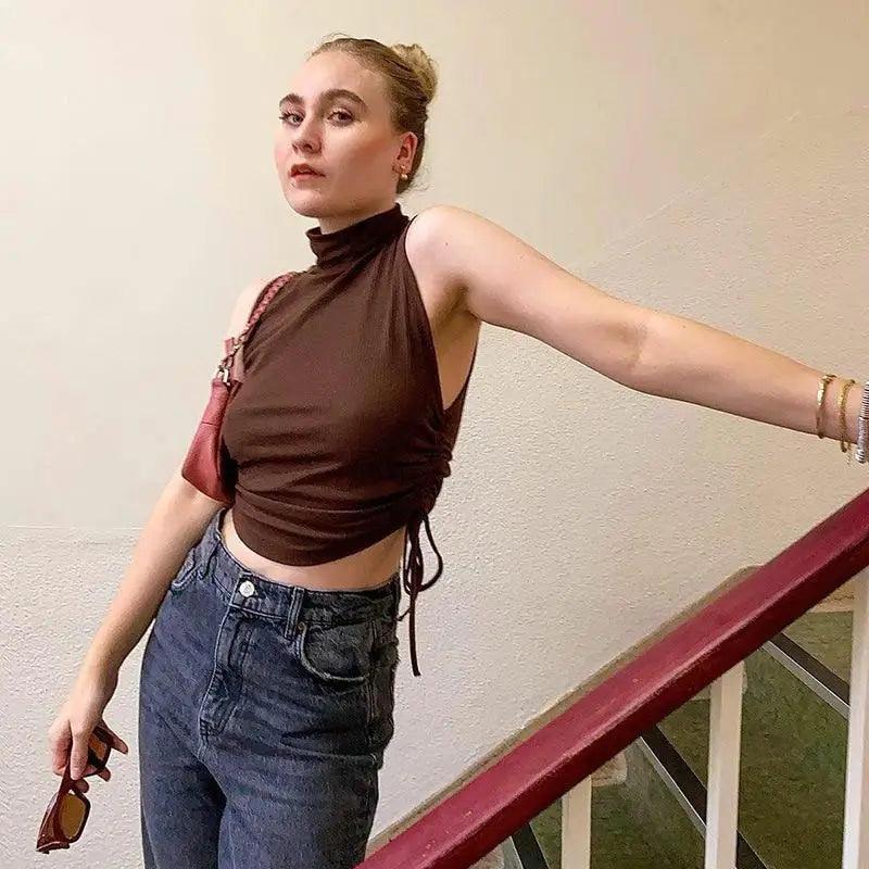 Minimalist High Neck Knit Crop Tank Top Streetwear Essential