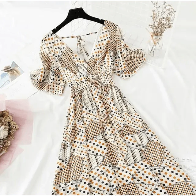 Floral Ruffled Chiffon Midi Dress - V-Neck Boho Summer Beach Dress