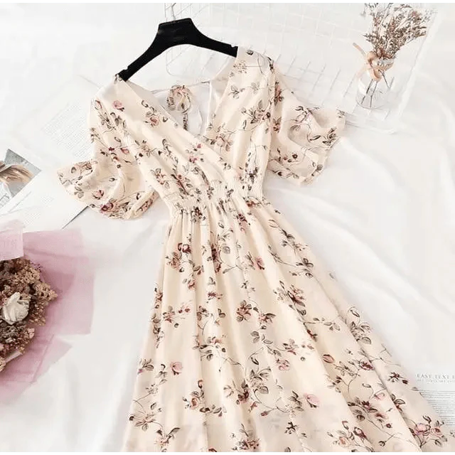 Floral Ruffled Chiffon Midi Dress - V-Neck Boho Summer Beach Dress