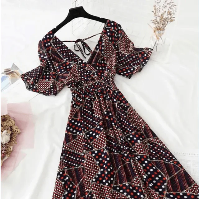 Floral Ruffled Chiffon Midi Dress - V-Neck Boho Summer Beach Dress