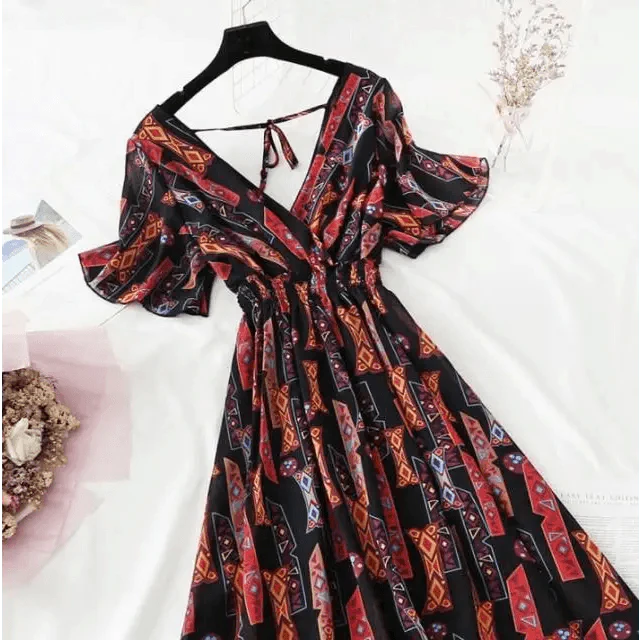 Floral Ruffled Chiffon Midi Dress - V-Neck Boho Summer Beach Dress