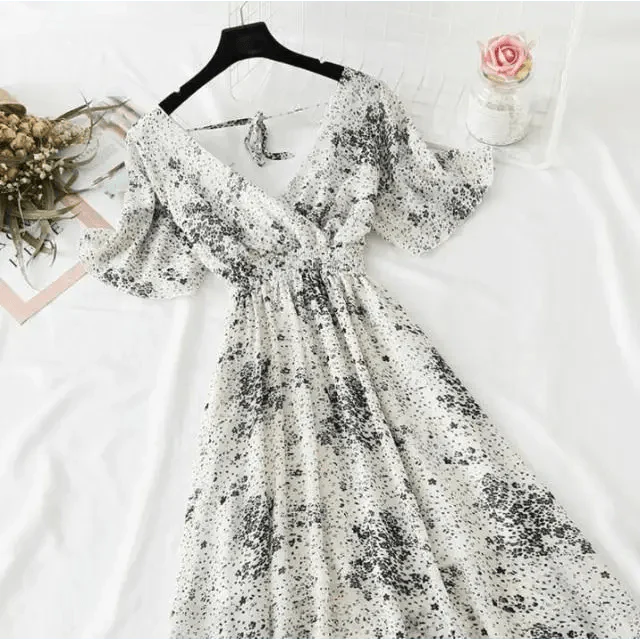 Floral Ruffled Chiffon Midi Dress - V-Neck Boho Summer Beach Dress