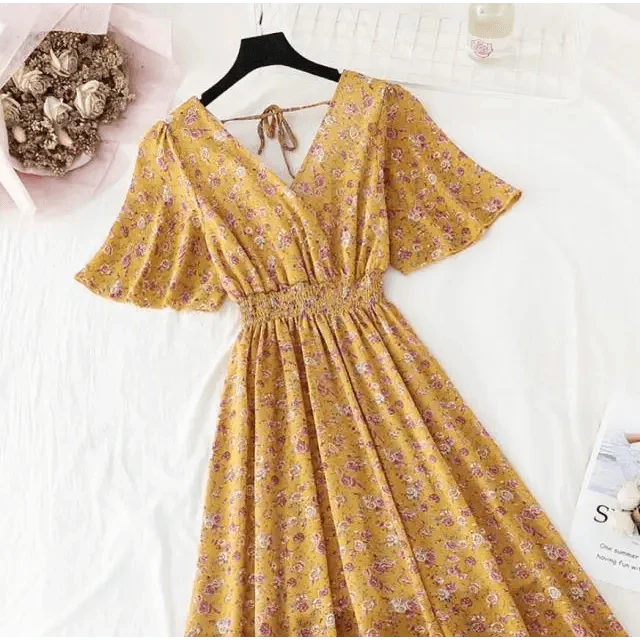 Floral Ruffled Chiffon Midi Dress - V-Neck Boho Summer Beach Dress