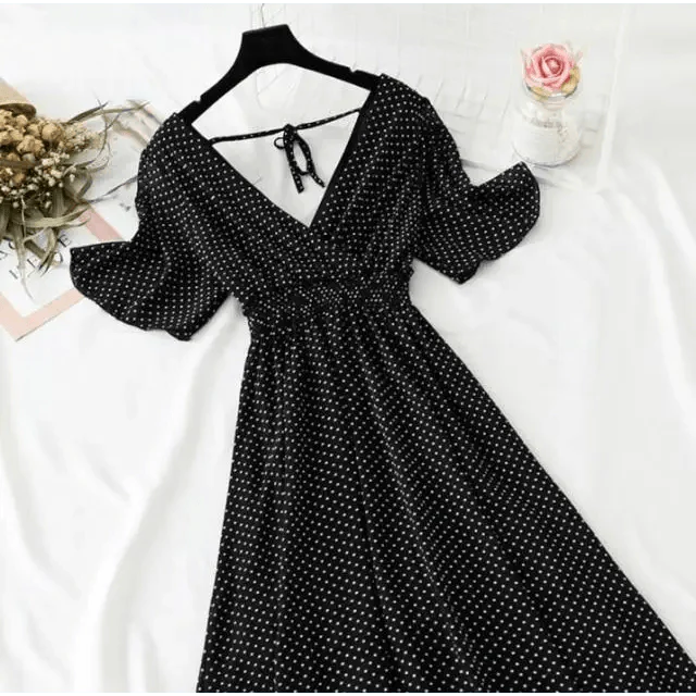 Floral Ruffled Chiffon Midi Dress - V-Neck Boho Summer Beach Dress