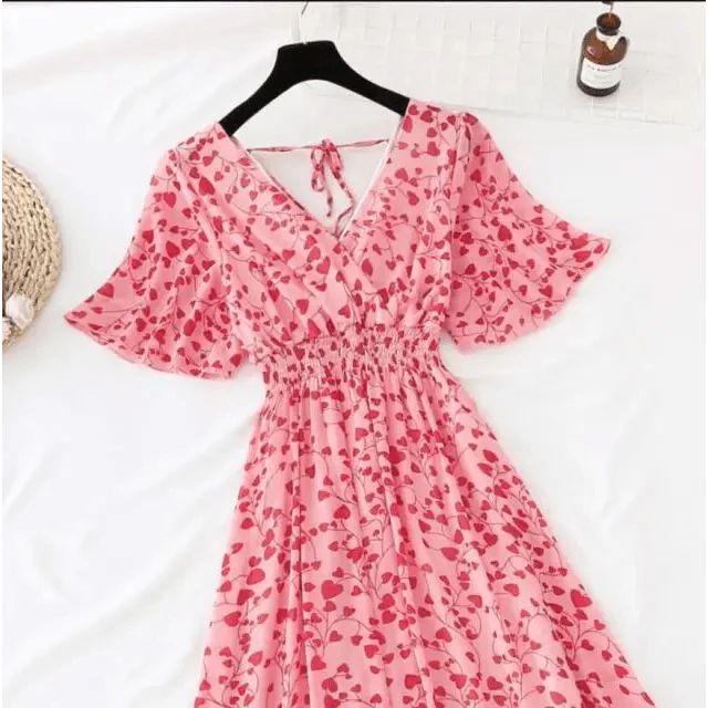 Floral Ruffled Chiffon Midi Dress - V-Neck Boho Summer Beach Dress