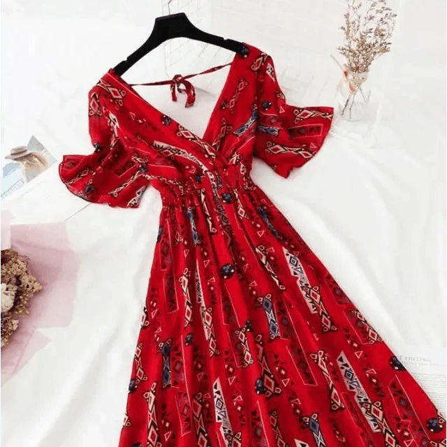 Floral Ruffled Chiffon Midi Dress - V-Neck Boho Summer Beach Dress